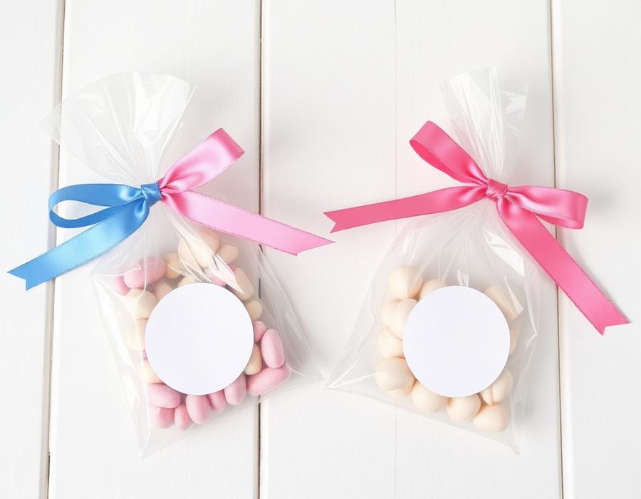 Sweet bags finished with ribbons and round sticker labels