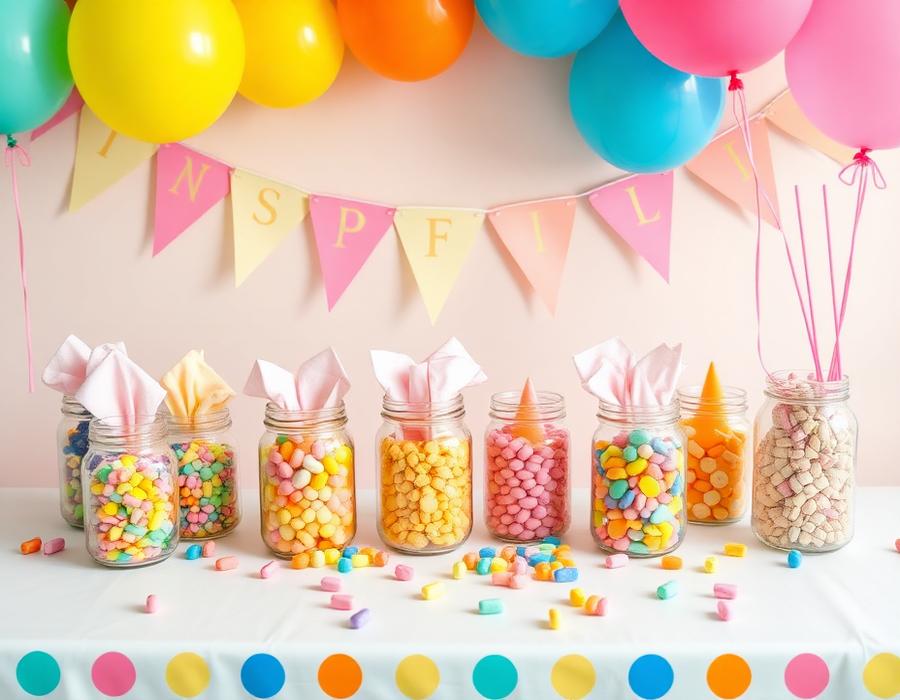 Party table with jars of colourful pick n mix sweets